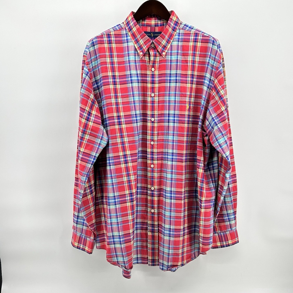 Ralph Lauren Madras Plaid Shirt Mens 2XLT Red Blue Button Down Long Sleeve Yacht